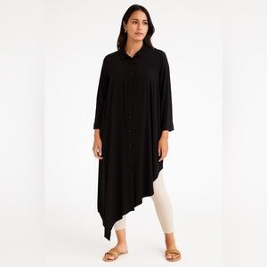 Sun Kim Womens Lagenlook Asymmetric Hem Midi Shirt Dress Black XS‎ Collared